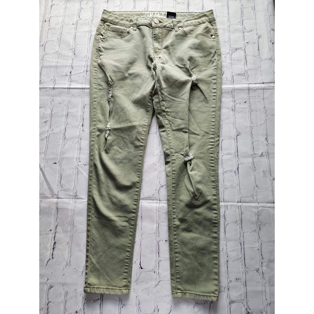 VIP Jeans Women Olive Green Distressed Skinny Pants Size 15/16 Ripped Stretch